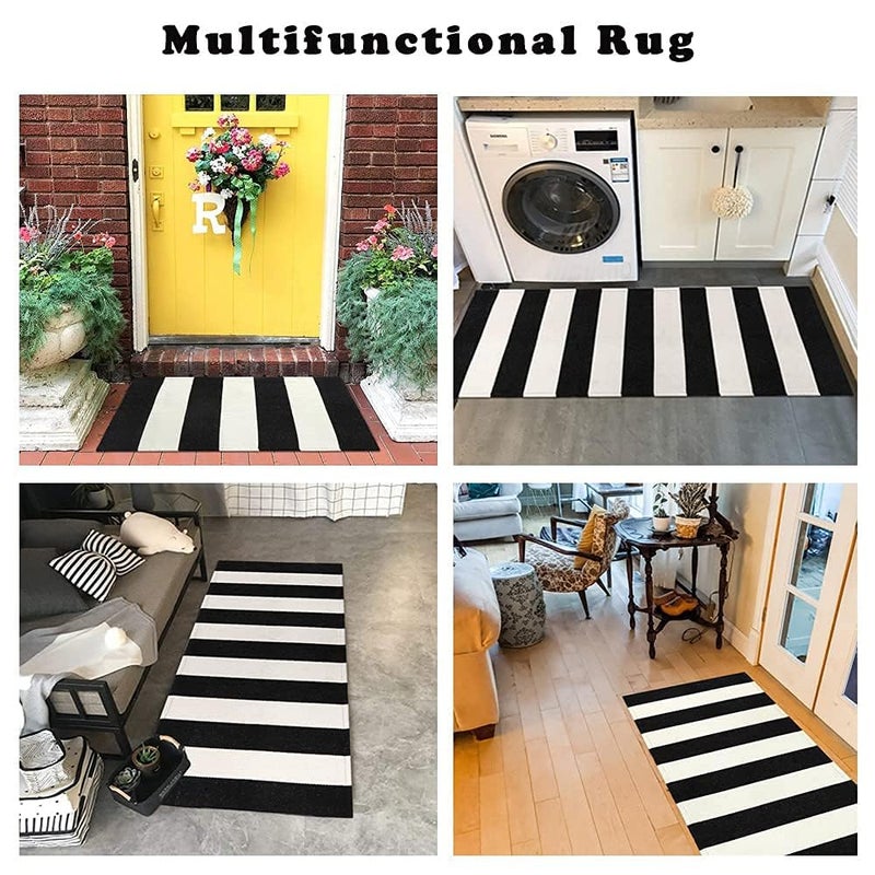 LEEVAN Black and White Rug 2X3, Washable Black Door Mat Cotton Woven Front Porch Rugs, Layered Door Mats Outdoor Welcome Indoor Door Mats, Farmhouse Go Away Doormat Door Mat Indoor Entrance Rug - Image 4